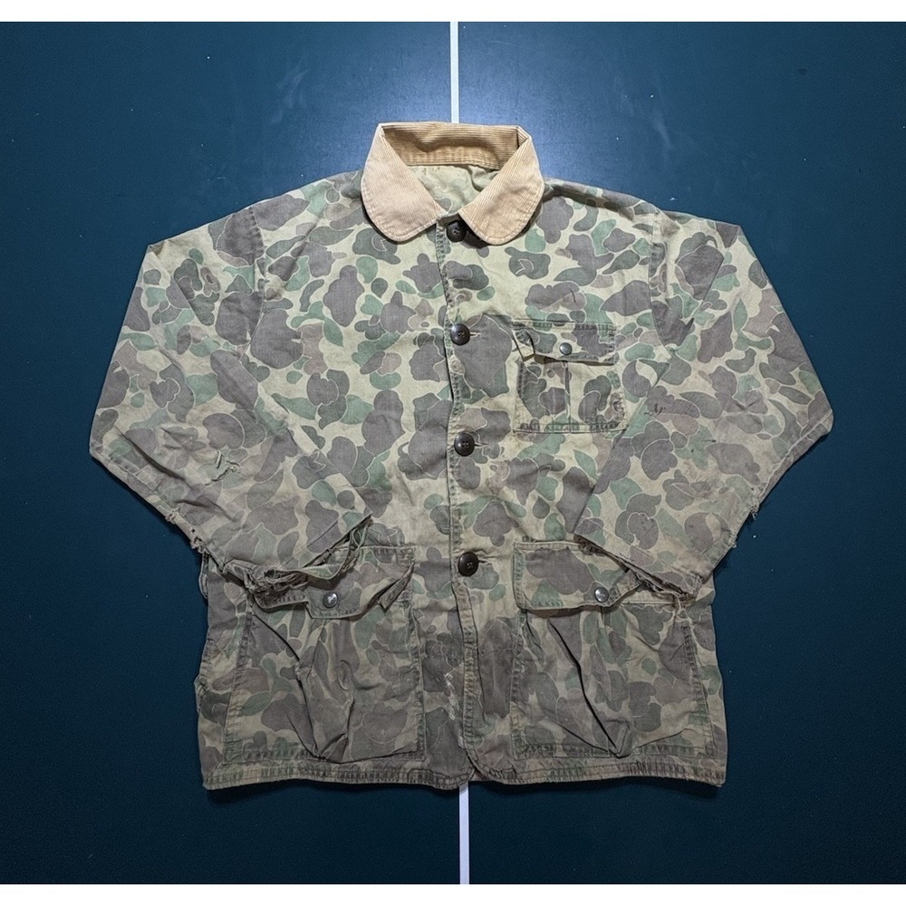Vintage 60s Sears Ted Williams Duck Camo Hunting Jacket Large Corduroy Collar‎